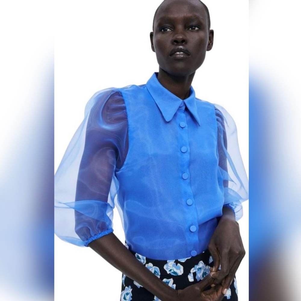 ZARA BLUE ORGANZA PUFF SLEEVES SEMI SHEER BLOUSE